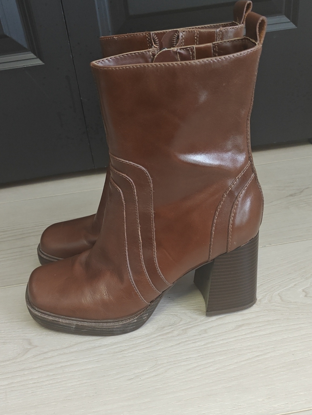 Marc Fisher Cognac Leather Block Heel Ankle Boots
